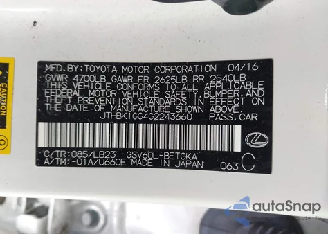 2016 Lexus Es 350 from USA, damaged, VIN JTHBK1GG4G2243660